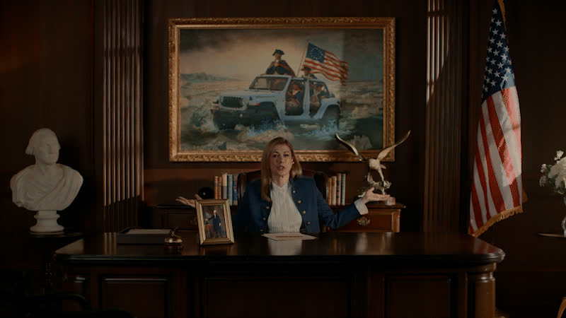 Jeep ‘Wrangler for Washingtons’ — an Oval-Office scene with a Jeep painting behind the desk